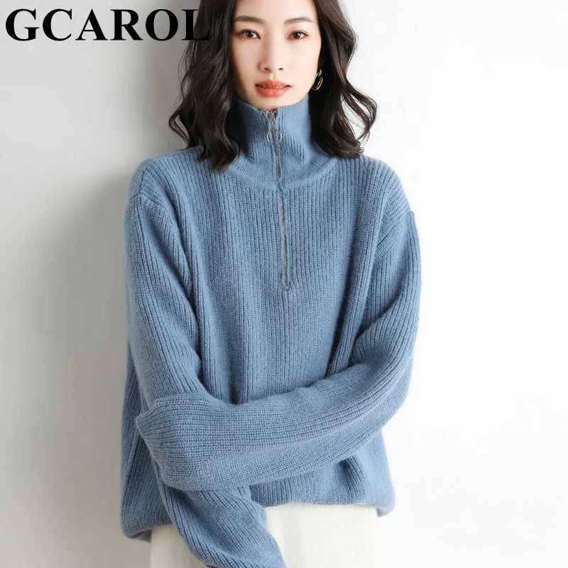 GCAROL Winter Women Zip UP Stand Collar Coarse Sweater Lazy Loose Thickened...