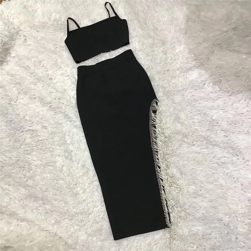 

High Quality Spring 2021 New Women'S Black Bodycon2 Two-Piece Set Sexy Spaghetti Short Top And Fringed Midi Skirt Party Suit