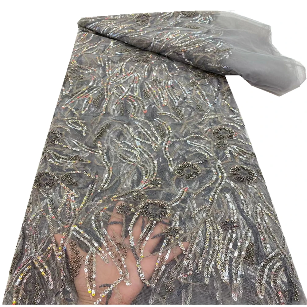 

2021 African Lace Fabric High Quality French Tulle Lace Fabric With Beads/sequins Embroidery Nigeria Lace Fabric RF-240