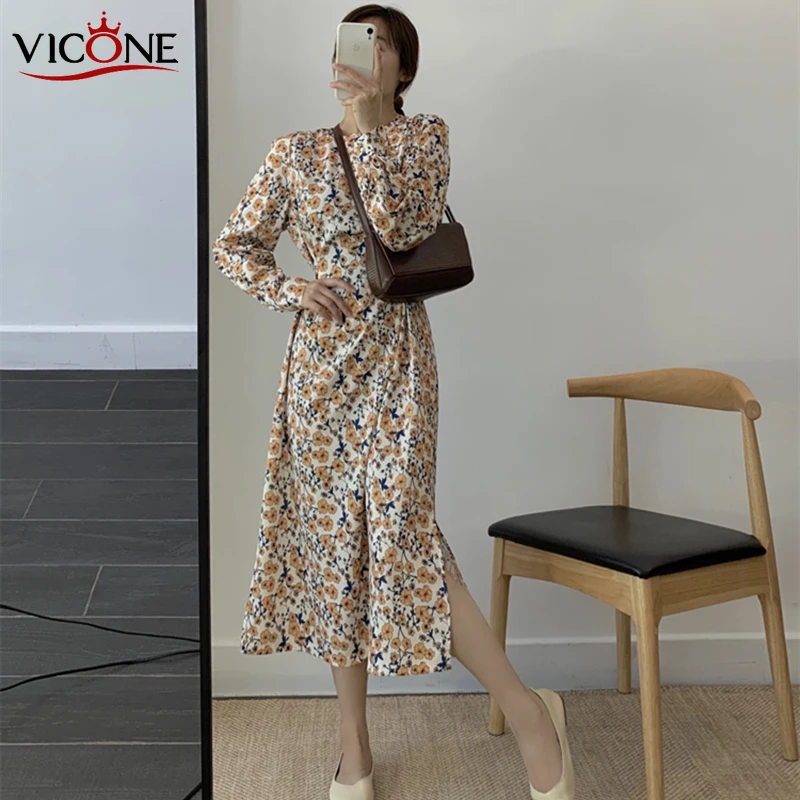 

VICONE Vintage Floral Print Slim Waist A-line Dress Women Summer Spring Chiffon Female Chic Office Long Dresses