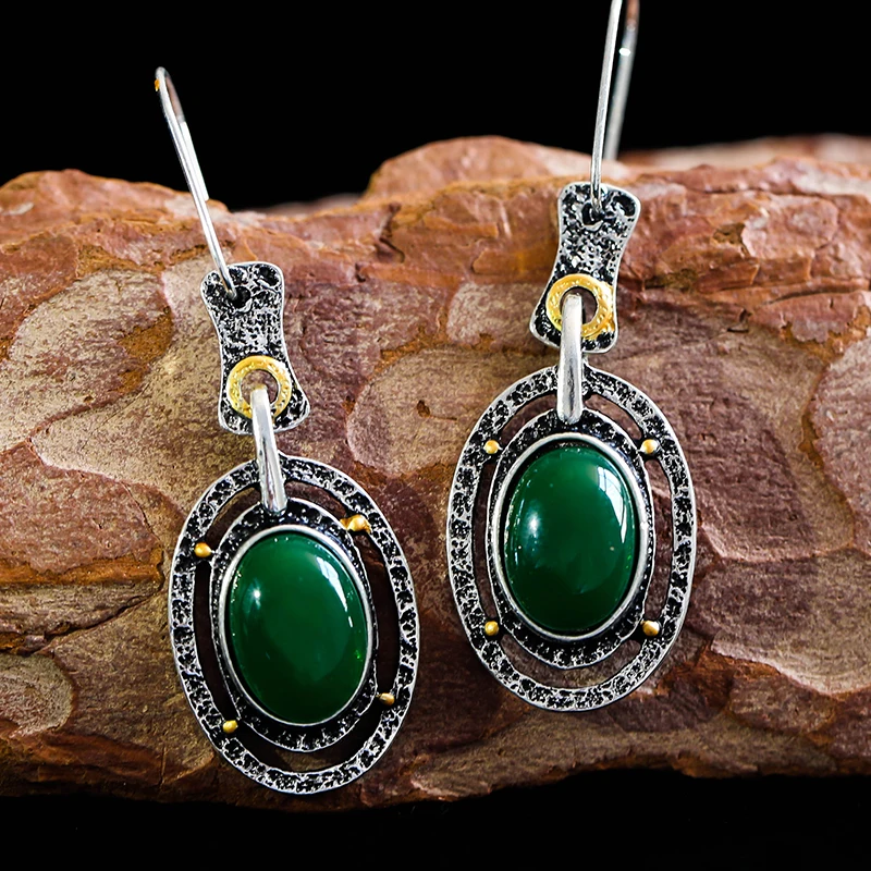 

Vintage Ethnic Green Stone Drop Earrings for Women Oval Crystal Jewelry Gifts Bohemian Oorbellen Long Dangle Earrings