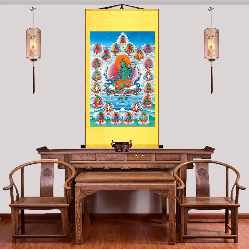 

Twenty one Tara hanging picture, Green Tara Thangka, Tibetan Buddhist decorative silk scroll painting
