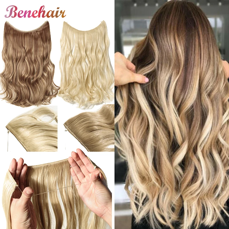

BENEHAIR Invisible Wire No Clips In Hair Extension Secret Fish Line Hairpiece Curly Fake Hair Synthetic Hairpiece For Women