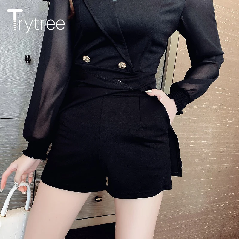 

Trytree 2021 Spring Summer Two piece Women set Casual Volie Patchwork Buttons Long Top + Pockets Shorts Office Lady 2 Piece Suit