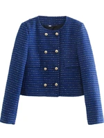 woman 2021 casual traf crop tops autumn thick tweed woolen jacket ornate buttons o neck straight blazers coats