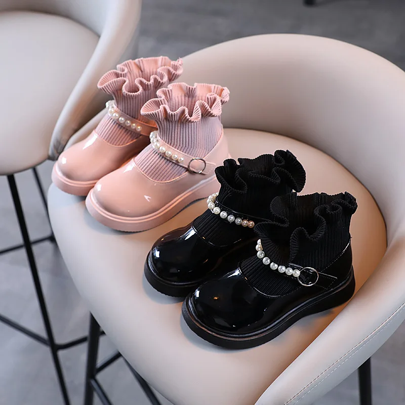 

Детские носки обувь для девочек вязаные ботильоны из лакированной кожи с жемчужинами оборками 2021 Детская школьная форма под платье обувь н...