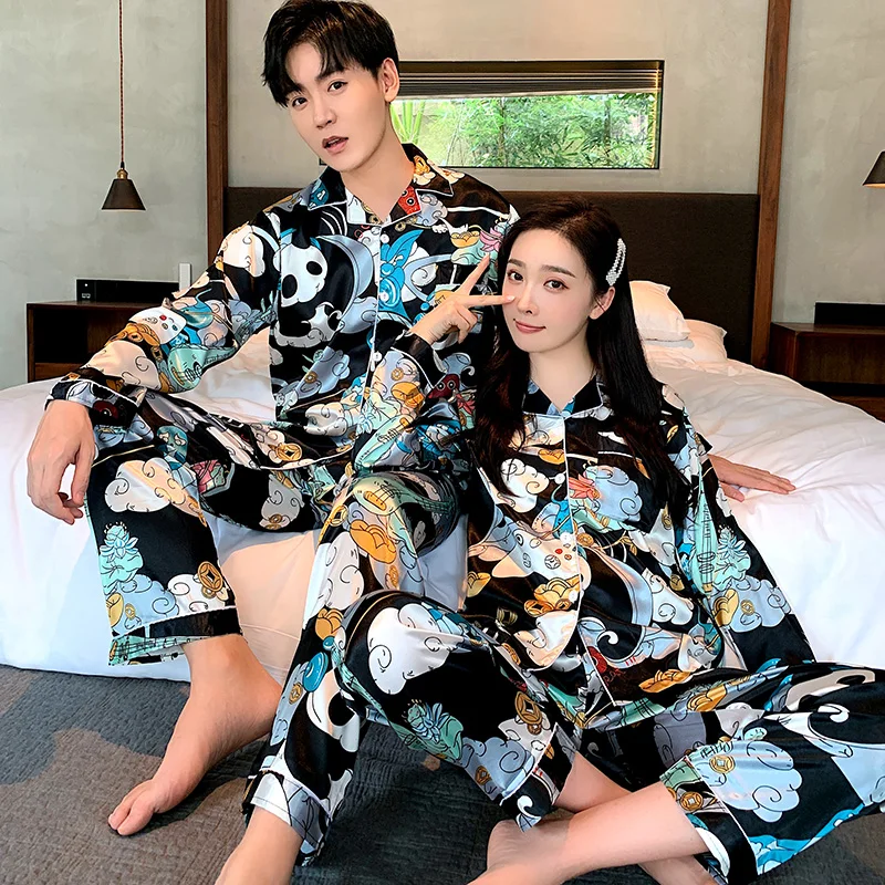 Новая пара ночное белье шелк сатин пижамный комплект с длинным рукавом и