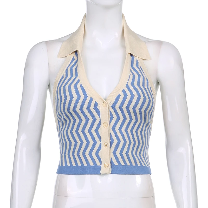 

Summer Women Casual Tank Tops Brown Striped Y2k Crop Tank Tops Halter Knit Vest Sexy Backless Fashion Summer Slim Female Tops