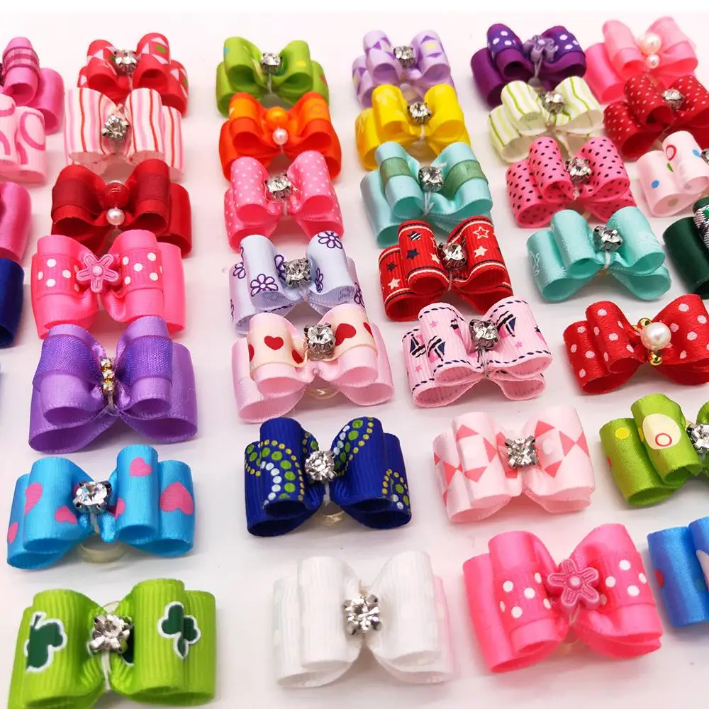 

100pcs Small Pet Puppy Dog Cat Hair Bows with Rhinestone Mixed Patterns Pet Dog Grooming Accessories for Small Dogs Pet Products