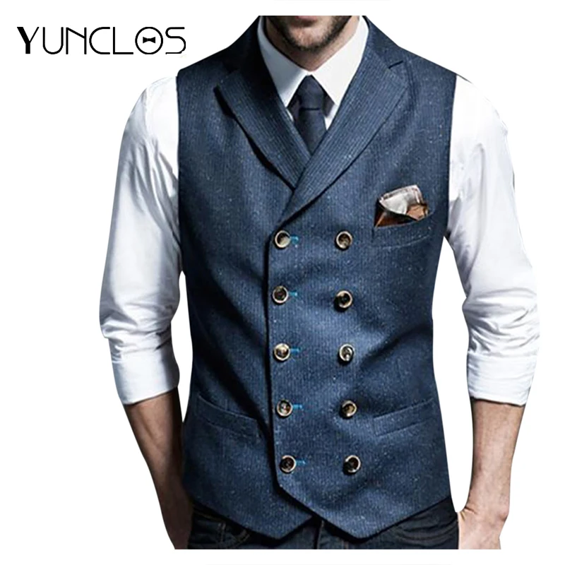 

YUNCLOS Men Vest Business Banquet Wedding Party Vests Men's Double Breasted Solid Color Waistcoat Superior Men Clothing Outwear