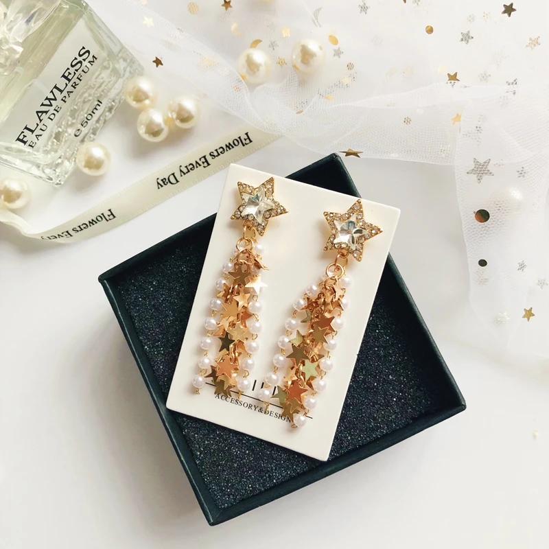 S925 Silver Needle Fashion Rhinestone Stars Tassel Earrings for Women Girls Sweet Long Pearl Sequins Five-pointed Star | Украшения и
