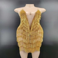 q159 tight pole dancer sleeveless backless party elastic stretched drilling chain tassels strapless show singer bodysuit leotard
