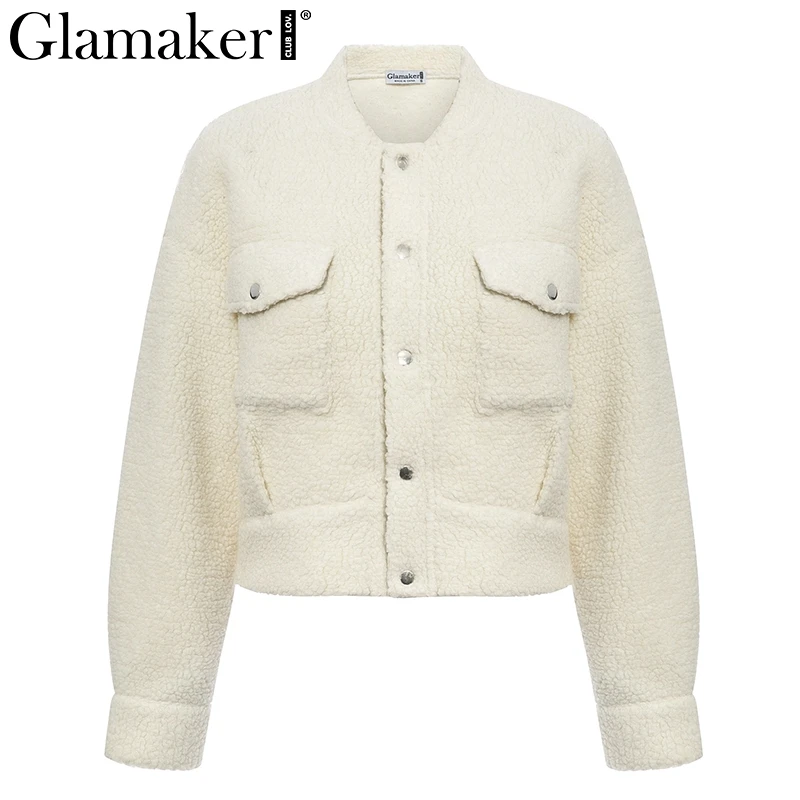 Glamaker, теплое пальто из искусственного меха, меховая верхняя одежда для женщин, сексуальный белый карман, женское плюшевое пальто, осенняя короткая куртка из искусственного меха, зимнее пальто
