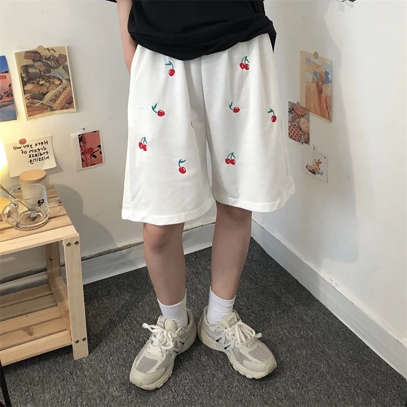 

Summer new style Korean full-print cherry embroidery loose casual shorts women