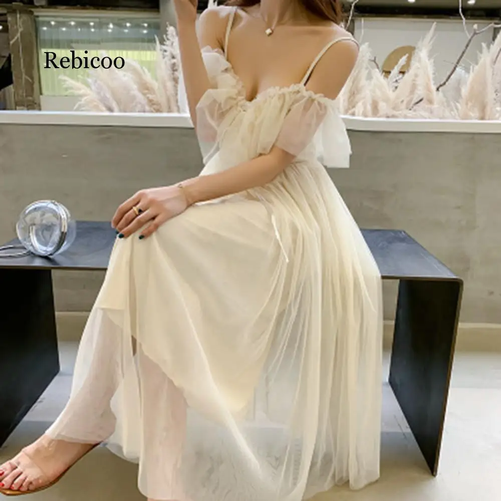 

Summer New Fashion Apricot bubble chiffon long dress Mesh Suspender Long Dress