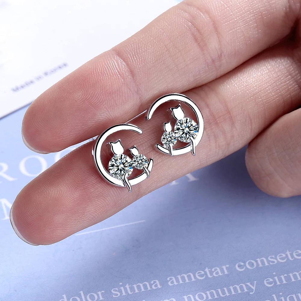 Женские серьги гвоздики с кубическим цирконием Todorova изысканные в виде кошки и