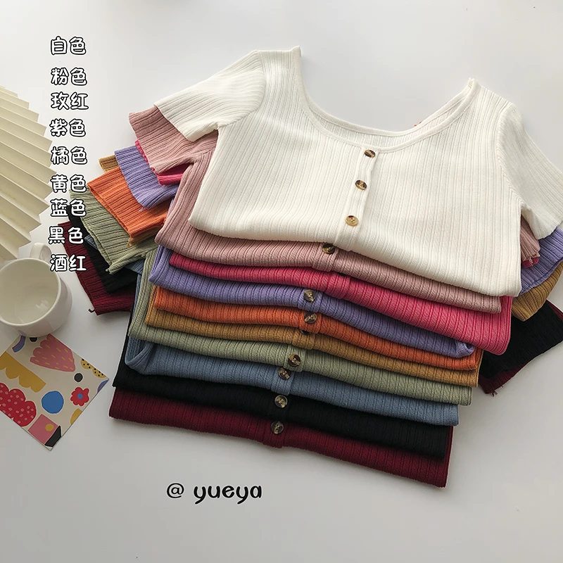 

Crescent City квадратный воротник с коротким рукавом трикотажные футболки для женщин, в Корейском стиле; Сезон лето Стиль для похудения черный Ун...