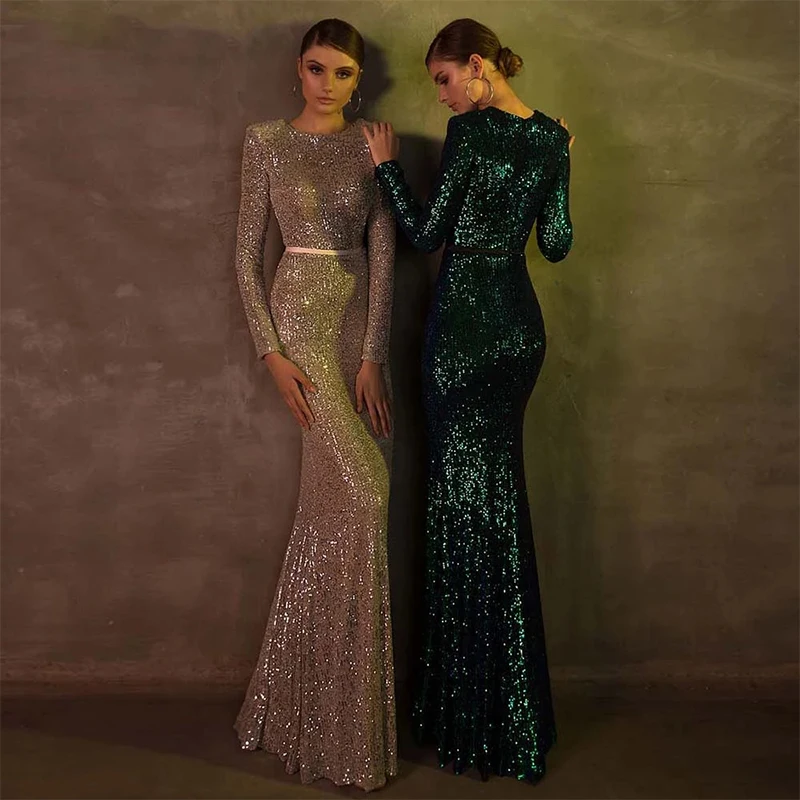 

Evening Dress O-Neck Exquisite Floor-Length A-LINE Satin Mermaid Appliques Sequined Simple Prom 2022 New