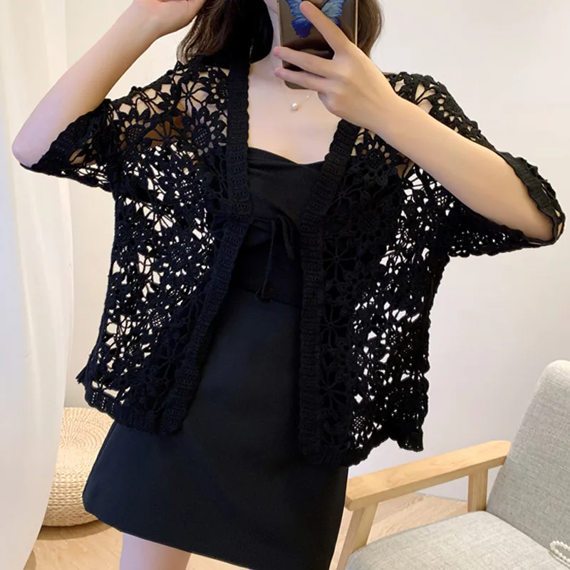 Женская винтажная кружевная блузка ажурная в Корейском стиле пикантный ажурный