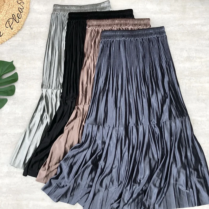 Весенние женские миди юбки вельветовые плиссированные с высокой эластичной