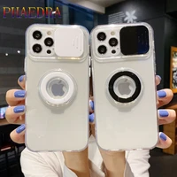 transparent slide camera lens protect stand phone case for iphone 11 pro max 12 mini xr xs x 6 7 8 plus se 2020 soft back cover