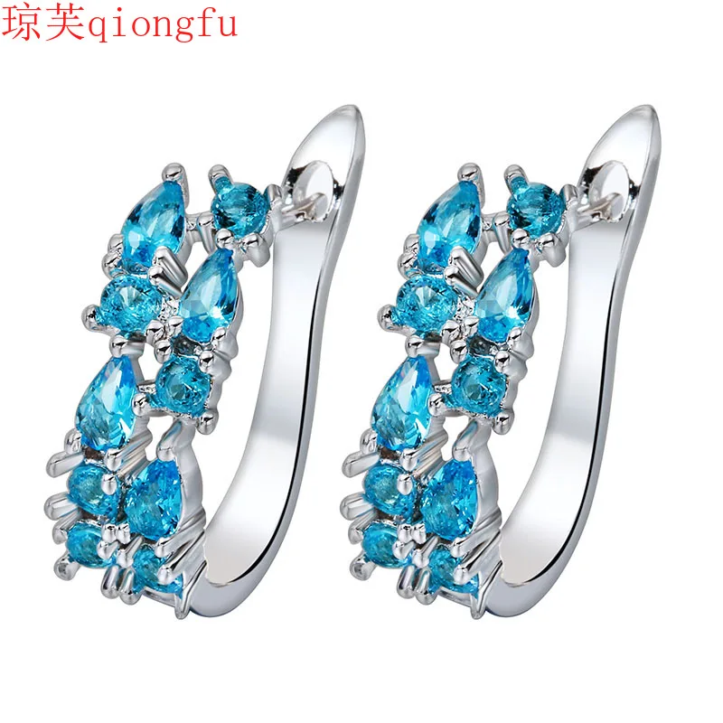 

S925 Korean fashion designer's aquamarine emerald multicolor earrings accessories electroplating color zircon earrings women
