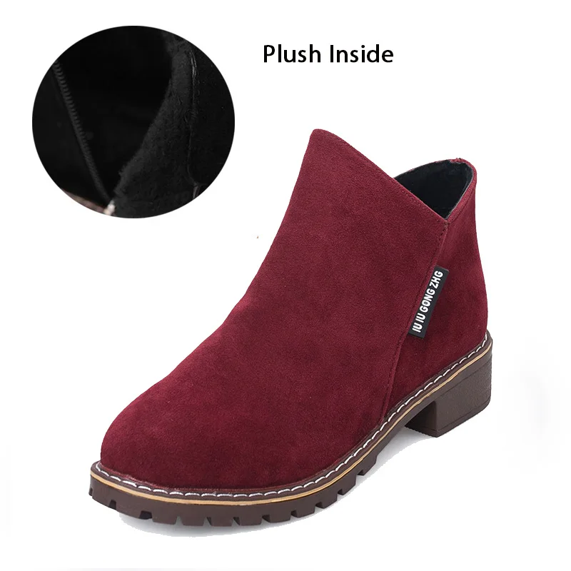 Wine Red(Plush) Новинка; классические женские ботильоны; зимняя женская повседневная обувь для снежной погоды; женская замшевая обувь на толстом каблуке с теплым мехом и плюшем; женские ботинки - Цвет: Wine Red(Plush)