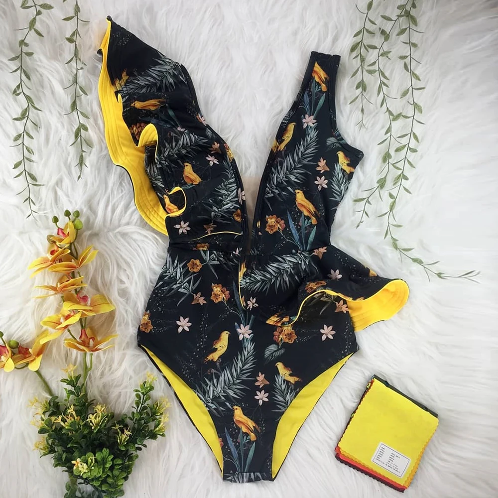 

2021 New Sexy Ruffle Print Floral One Piece Swimsuit Off The Shoulder Swimwear Women Solid Deep-V Beachwear Bathing Suit Monkini