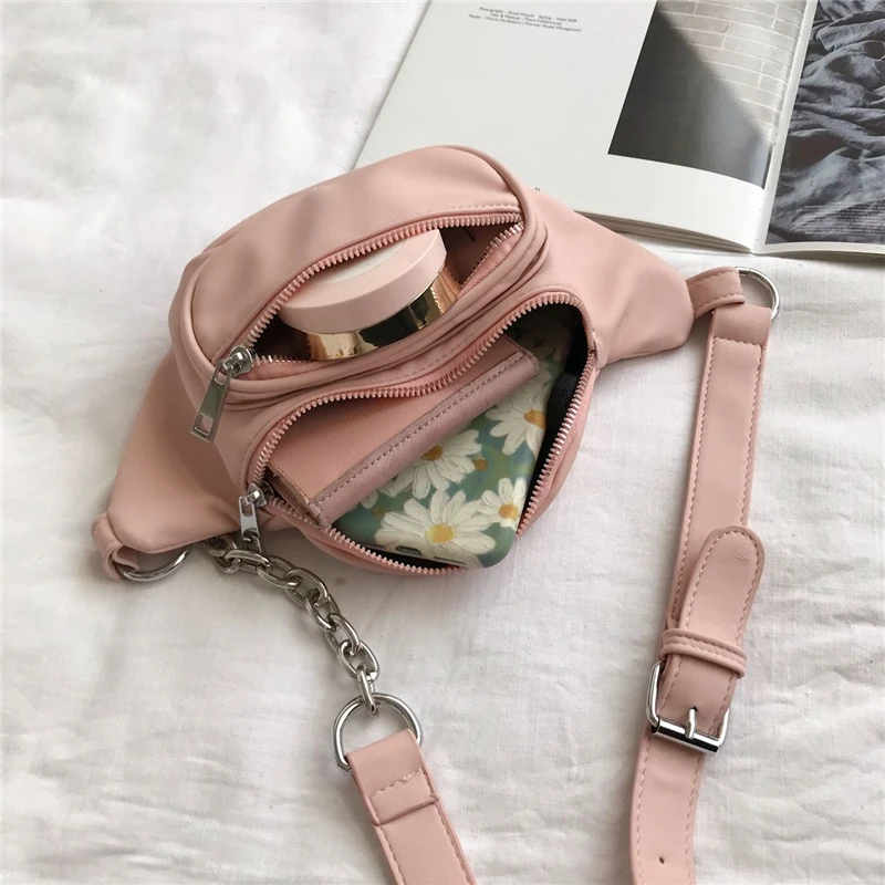 

Korean Style Solid Chain Small Chest Bags For Women Spring Candy Colors Waist Pack High Quality Multi Pockets Crossbody Bag 2021