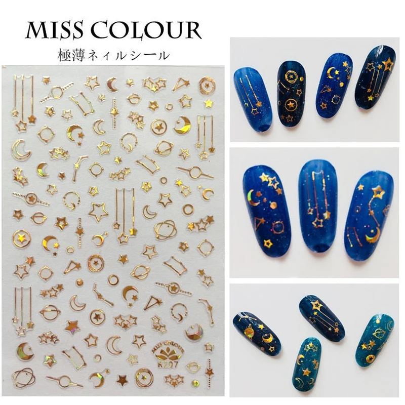 16 Стиль Золото луна звезды наклейки для ногтей металлические линии полоса 3D