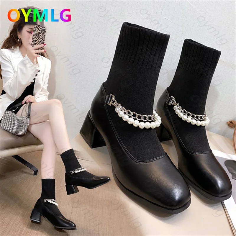 

Thin and thin boots women's autumn 2021 new pearl chain high-heeled non-slip fashion all-match elastic short boots
