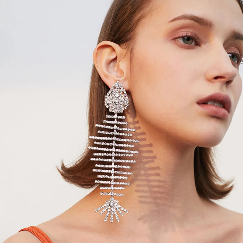 

2020 Hyeperbole Multi Crystal Big Fish Earrings for Women Hiphop Jewelry Femme Brincos Party Show Rock Earring Accessories