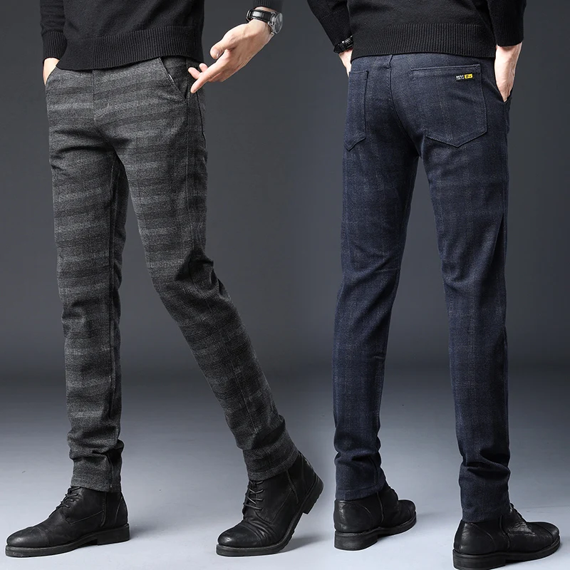 

Brand Men's Plaid Pants Casual Elastic Long Trousers Cotton Gray Black Blue Skinny Work Pant for Male Classic Clothing Jogging