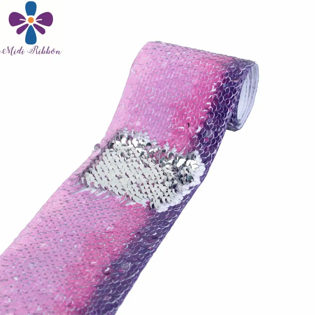 

3"75mm Purple Gradient Color Rainbow Stripes Double Reversible Silver Sequin Ribbon Geometric DIY Hair Bowknots 46yards/roll