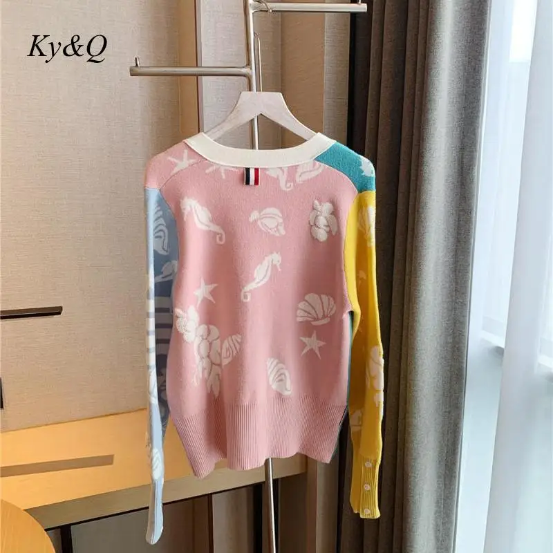 

Brand Design Women Casual Shell Sweet Macaron V-Neck Colorblock Knit Cardigan Sweater Luxury Autumn Coat Clothing 2020 New