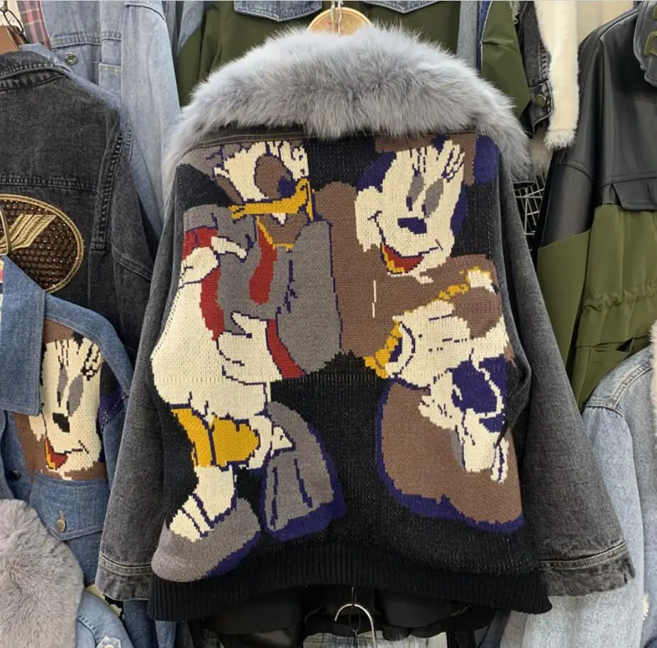 Женская джинсовая куртка с подкладкой зимняя теплая воротником из натурального