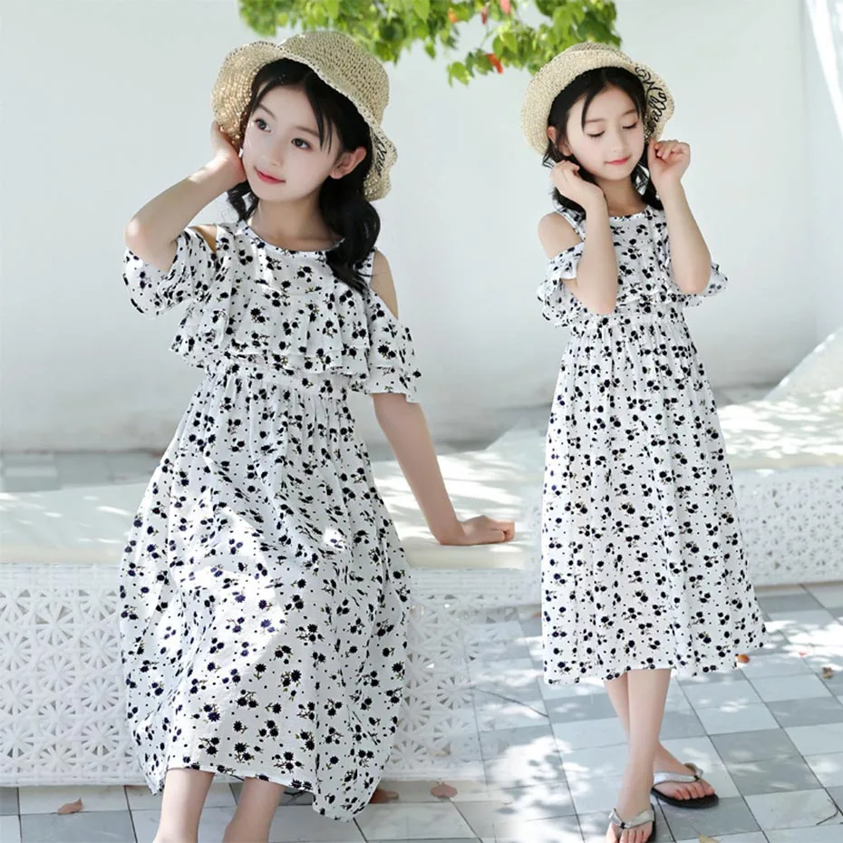 Summer Dresses For Girls Floral Pattern Dress Off Shoulder Child Bohemia Children's Costumes 6 8 10 12 14 | Детская одежда и