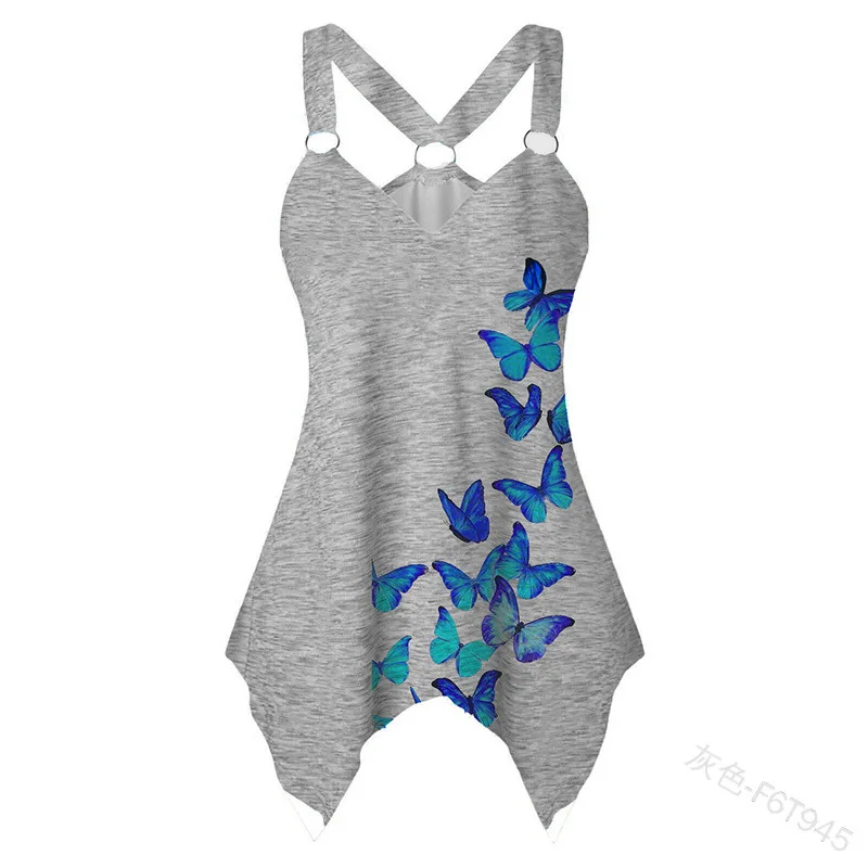 

WEPBEL Tank Tops Women's Fashion Butterfly Print Vest Summer Casual Slim V-neck Backless Spaghetti Strap Irregular Vest Top