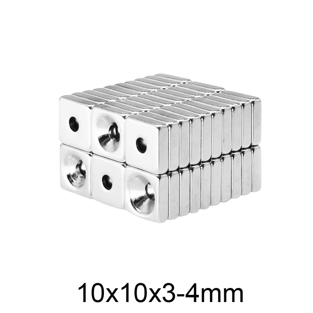 

10 ~ 200 шт. 10x10x3-4 квадратный редкоземельный неодимовый магнит с потайным отверстием 4 мм сильные мощные магниты 10x10x3-4 мм 10*10*3-4
