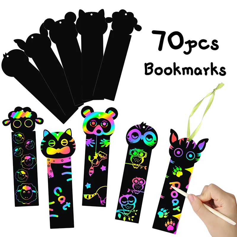 

70Pcs Animal Scratch Bookmarks Rainbow Scratch DIY Hang Tags Party Favors Theme Birthday Party Classroom School Supplies Decor