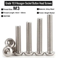 50pcs30pcs m3x4mm30mm grade 10 9 alloy steel hexagon socket button head screws bright nickel plated iso7380