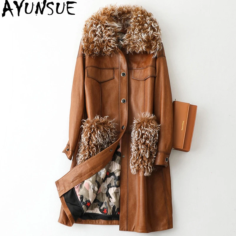 AYUNSUE куртка из натуральной кожи зимнее пальто женский пуховик с меховым
