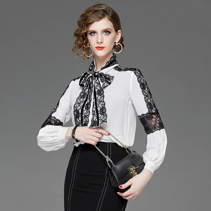 100% чистый шелк женские Подиумные рубашки воротник-бант длинные рукава кружева
