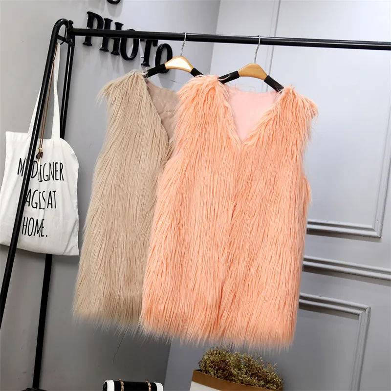 Новинка S/3Xl женские длинные жилеты из искусственного меха зима-осень пушистые меховые куртки без рукавов с v-образным вырезом Модные жилеты из искусственного меха J3047