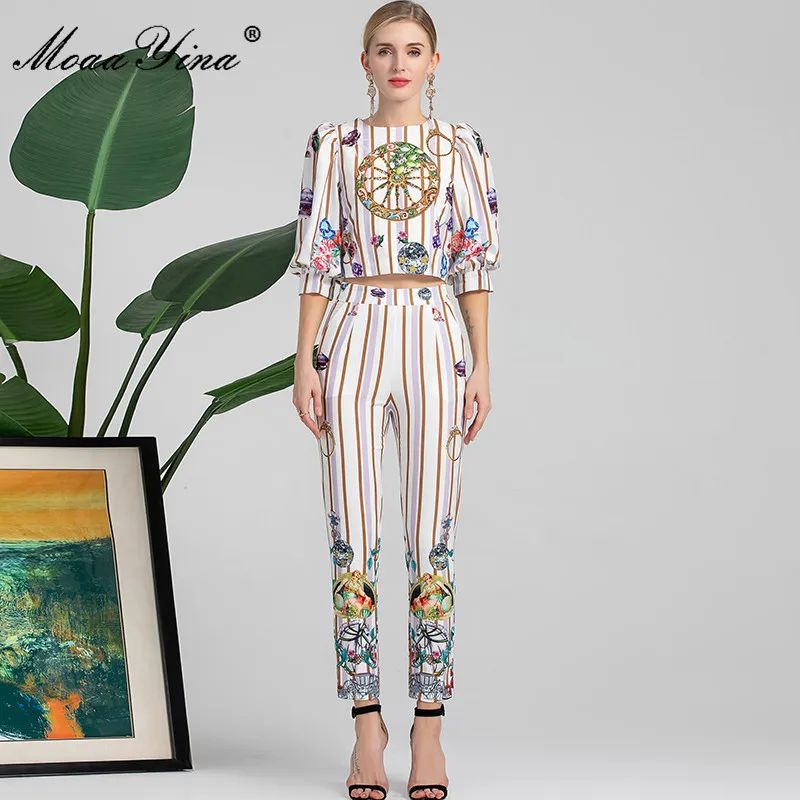 

MoaaYina Fashion Designer Autumn Pants Suit Women's Puff Sleeve Beading Tops and Striped floral print Pants Two Pieces Set