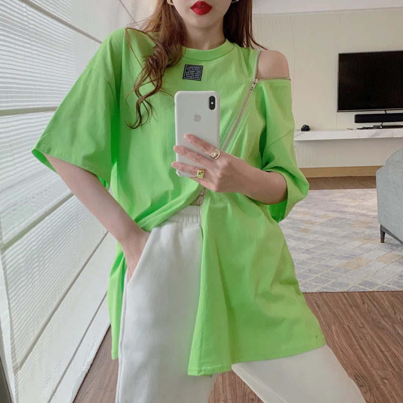 

loose Fluorescent green t shirts women zipper t shirts women fashion tops long split tshirt women goth shirt