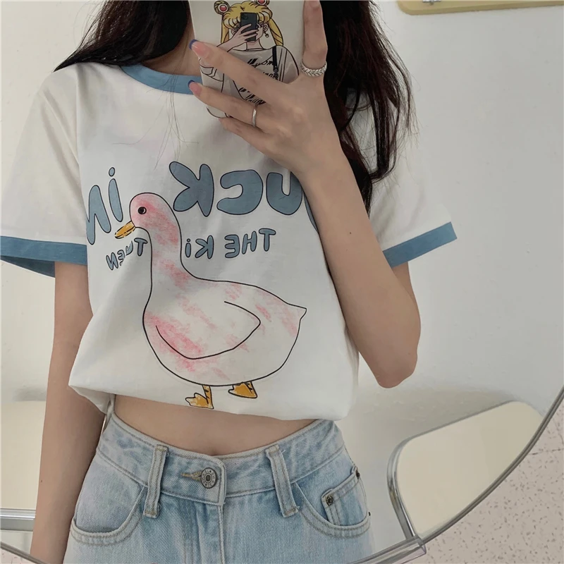 

Summer 2021 age reduction lovely duck print short sleeve slim T shirt short style blouse women
