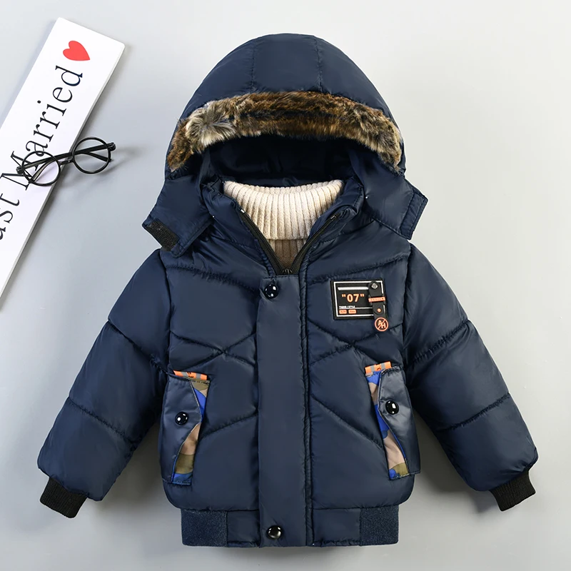 

2021 Winter Boys Jacket Warm Cotton Thicken Kids Jacket Fur Collar Solid Color Zipper Boys Outerwear Children's Clothing 2104
