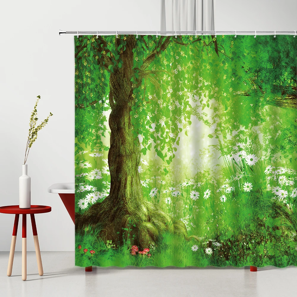 

Shower Curtain Green Forest Mountain Water Stone Natural Landscape Machine Washable Bathtub Screen Bath Curtains Set With Hooks