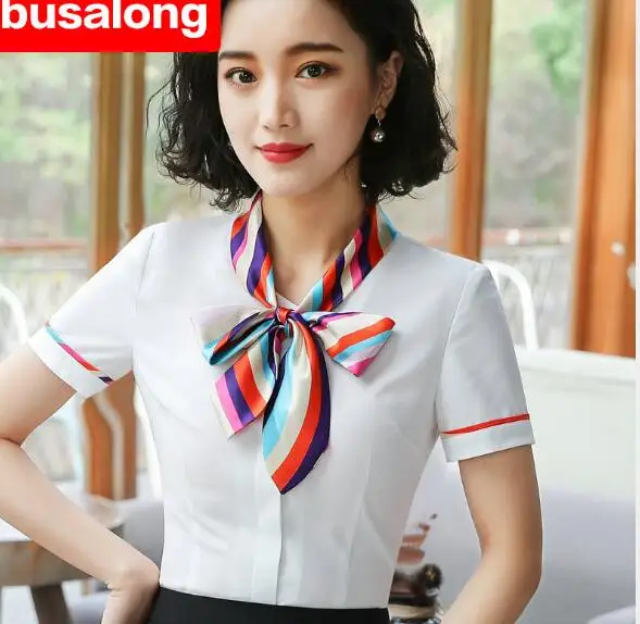 

FashionTie collar women shirt OL office puff short sleeve chiffon blouses OL ladies formal work wear summer clothes slim tops